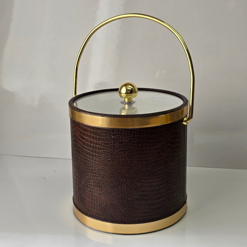 Kraftware Ice Bucket Brown Faux Croc Gold Trim‎ Mid Century Modern MCM